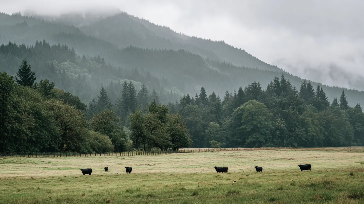 Black Wagyu cattle grazing in an open pasture below fog-covered forested mountains